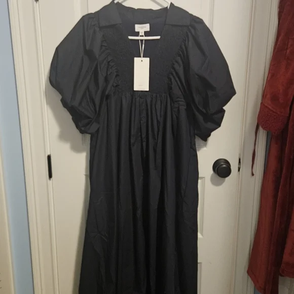 Elegant Navy Puff Sleeve Dress - Picture 1 of 5